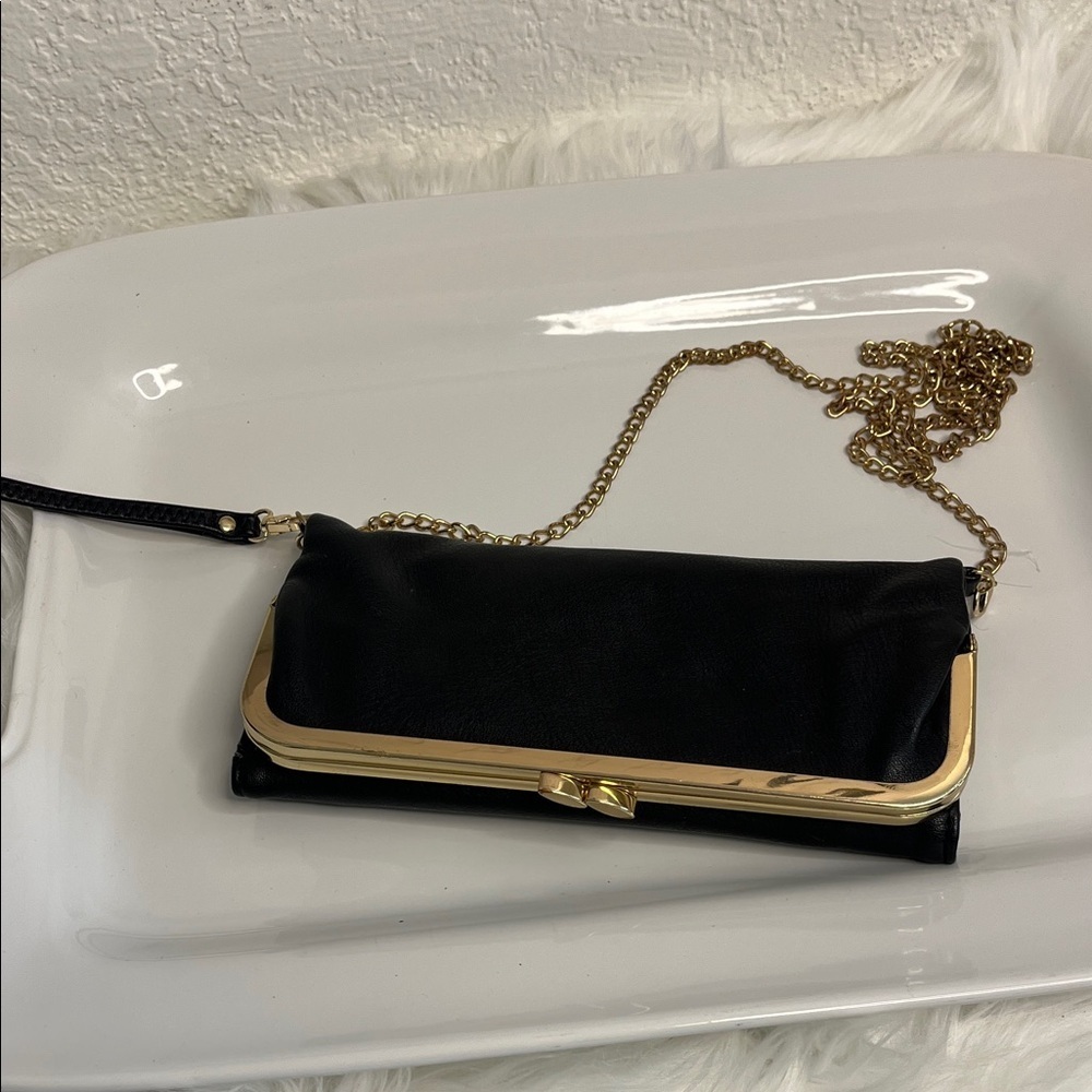Black Clutch/Crossbody Wallet with Gold Chain